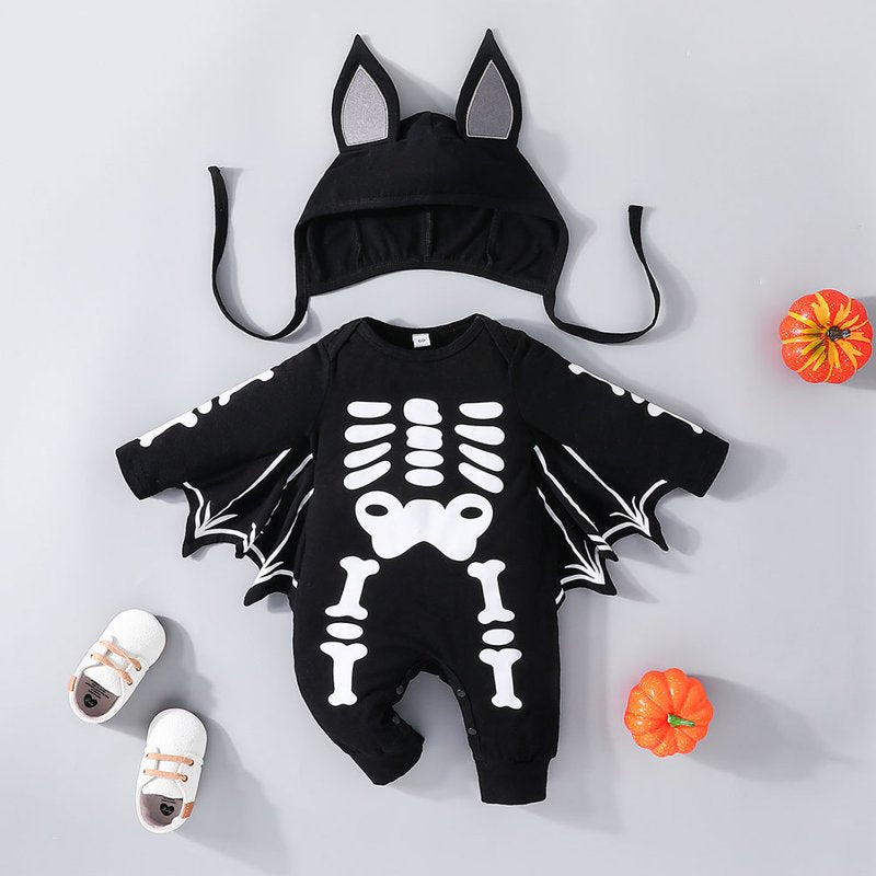 Baby Halloween Skeleton Romper and Hat Set - Newborn 0-3 Months, Black & White