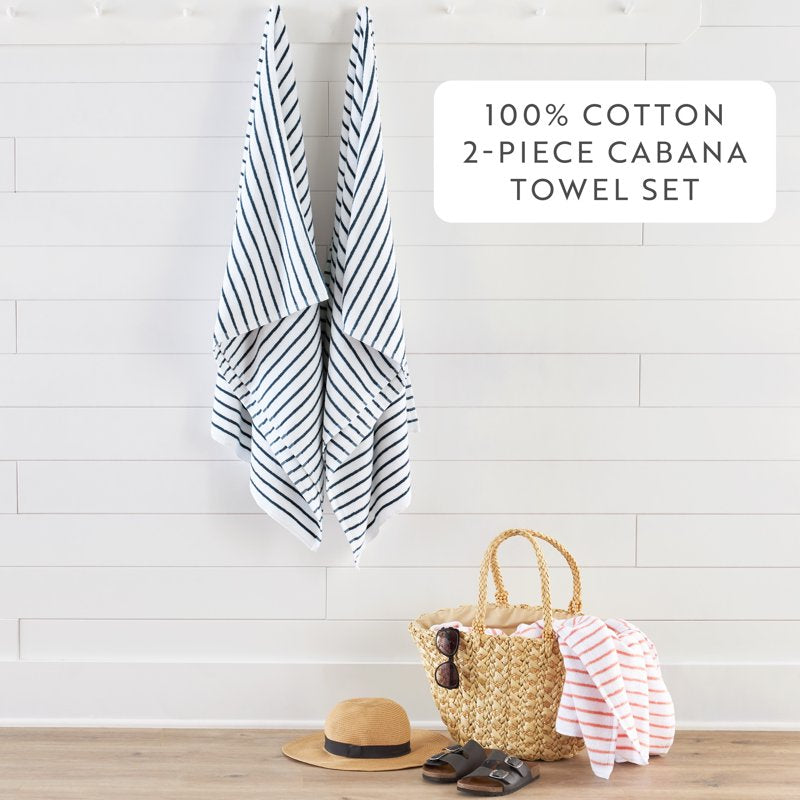 Navy 2 Pack Striped Cotton Cabana Beach & Pool Towels - Soft Absorbent 450 GSM