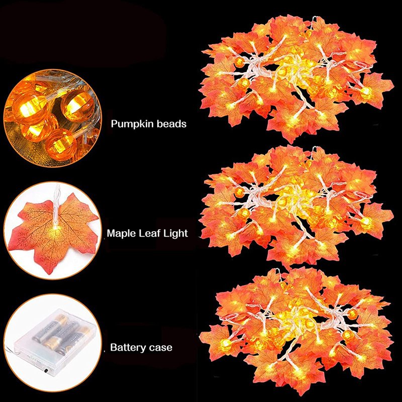 LED Maple Leaf Garland with Pumpkin Lights 19.6ft Fall Thanksgiving Decor