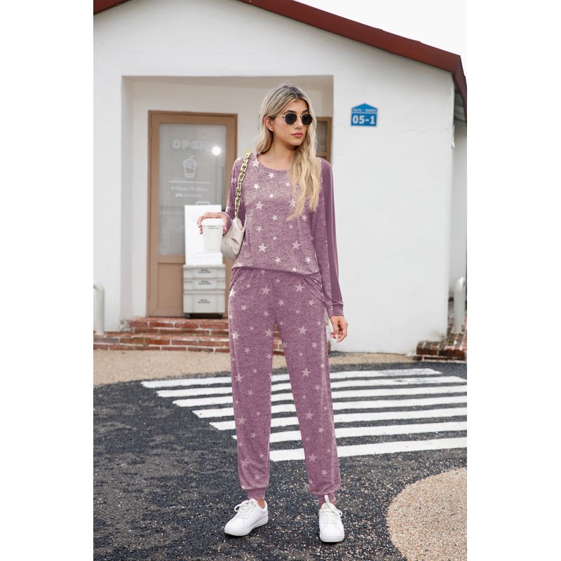 MINTREUS Women's Pajama Set Long Sleeve Sleepwear with Pockets - White Star Purple M