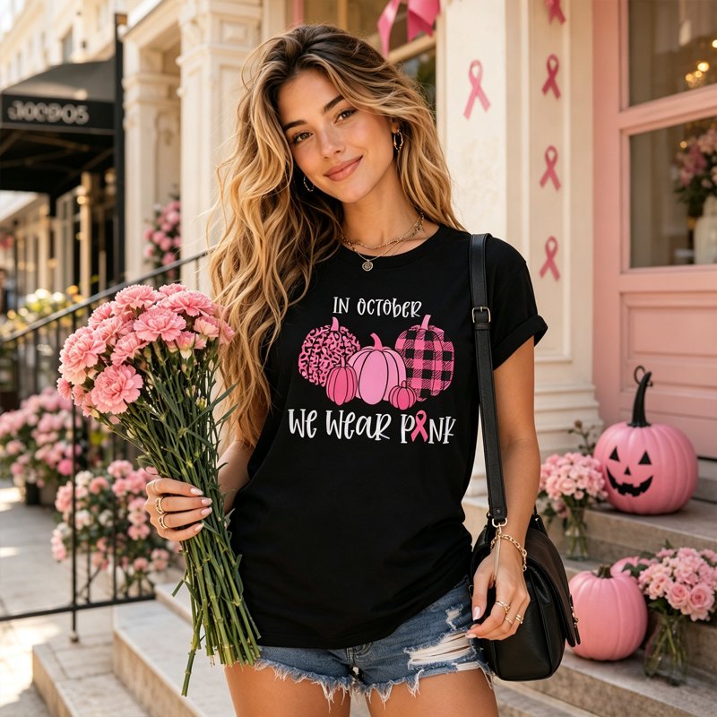 KimSoong Women's Breast Cancer Awareness T-Shirt D-Black M - Pink Ribbon Pumpkin Graphic Tee