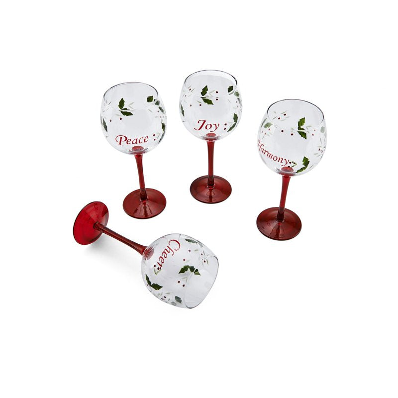 Winterberry Wine Glass Set of 4 with Sentiments - Harmony, Peace, Joy, Cheer