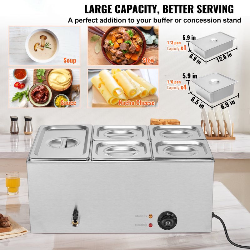 24QT Electric Food Warmer - 5-Pan Stainless Steel Buffet Bain Marie