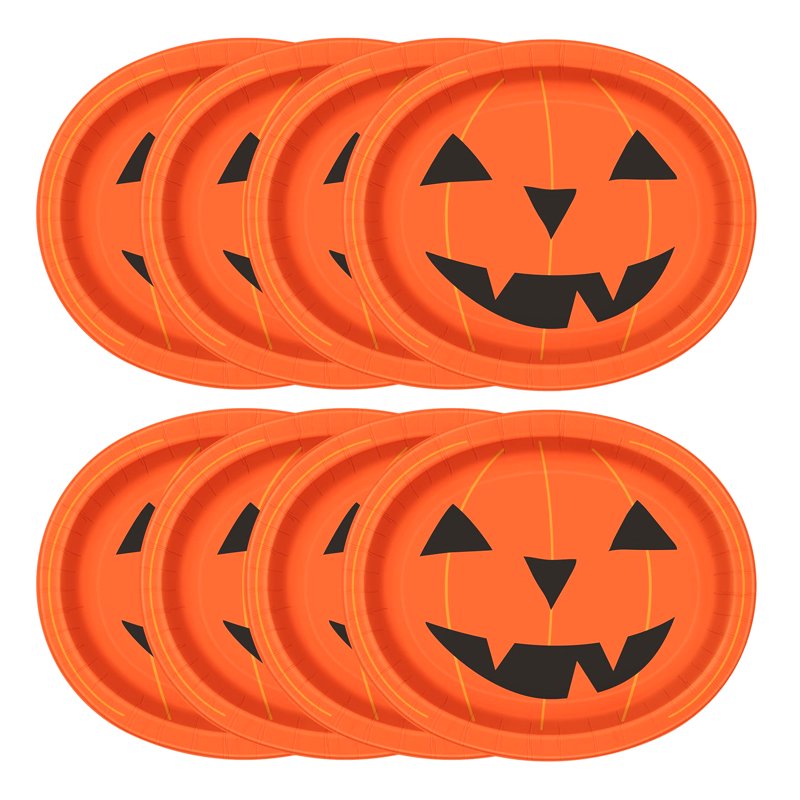 Halloween Jack-o'-Lantern Oval Disposable Paper Plates - Multicolor 12x10 Inch, 8 Pack