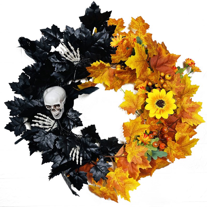 Halloween Wreath for Front Door - Artificial Maple Leaf Decor - Variation F