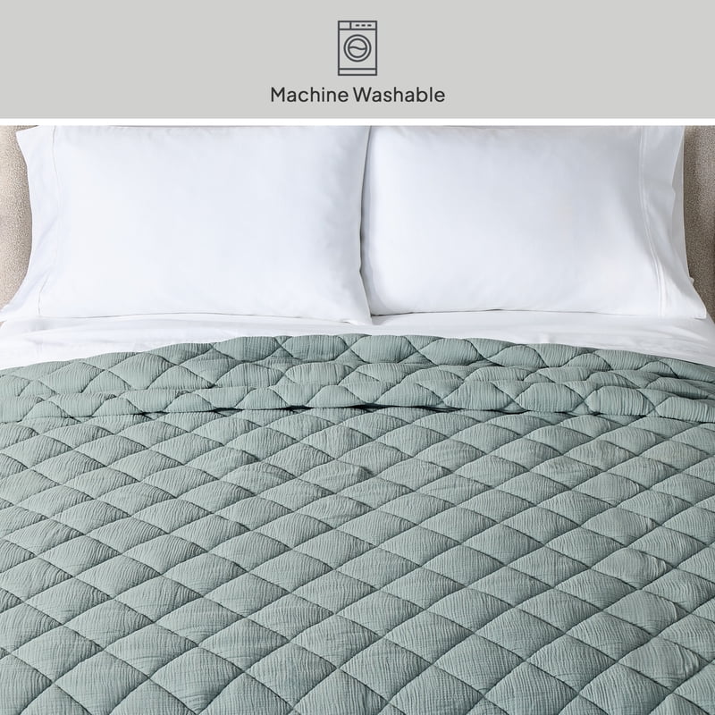 Full/Queen Diamond Gauze Quilt - Reversible Sage Bedding for Spring & Fall
