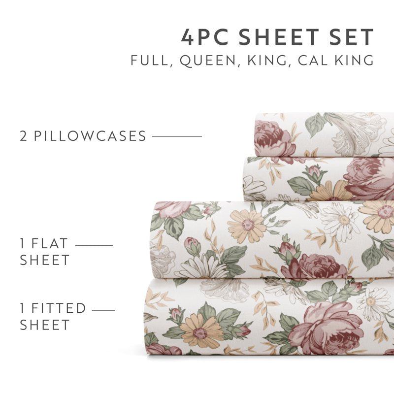 King Floral Microfiber Bed Sheets Set - 4 Piece Pattern Microfiber Bedding