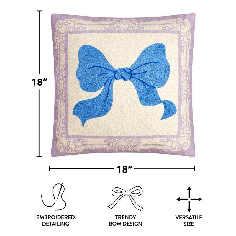 Decorative Embroidered Bow Pillow - 18x18 Inch Purple Throw Cushion