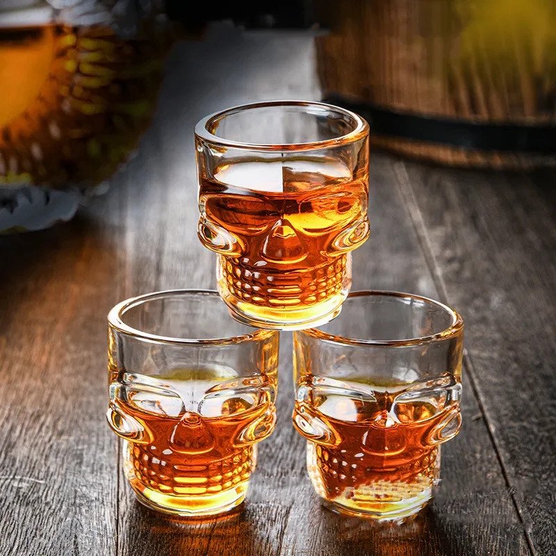 Clear Skull Shot Glasses Set of 6 - 1.75oz Gothic Glassware, Halloween Party Decor