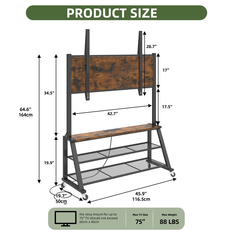 46" Rolling TV Stand with Lockable Wheels & Power Outlets - Mobile Cart for 32-75 Inch TVs