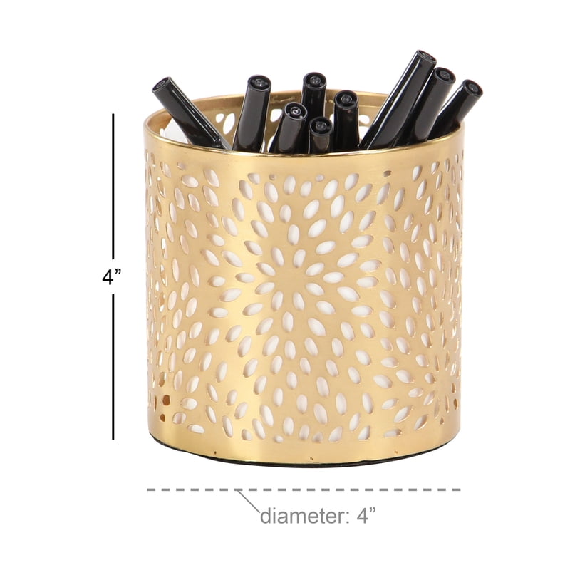 Gold Floral Metal Pencil Cup - 4" x 4" Round Organizer