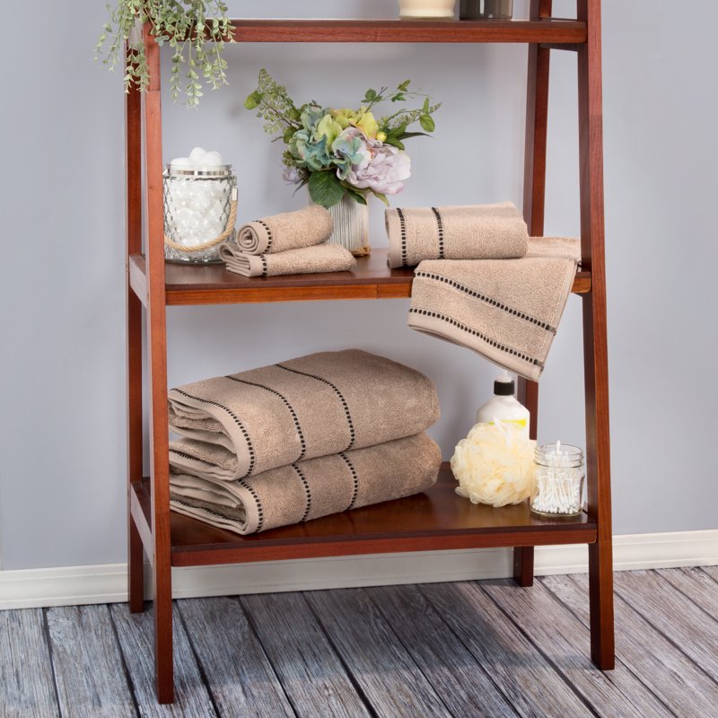 6-Piece Quick Dry Cotton Bath Towel Set with Taupe Accents - Spa & Gym Towels