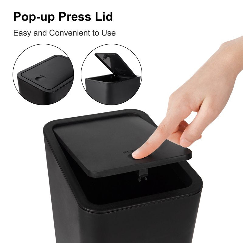 2 Pack Plastic Trash Can with Press Top Lid - Black, 2.6 Gal