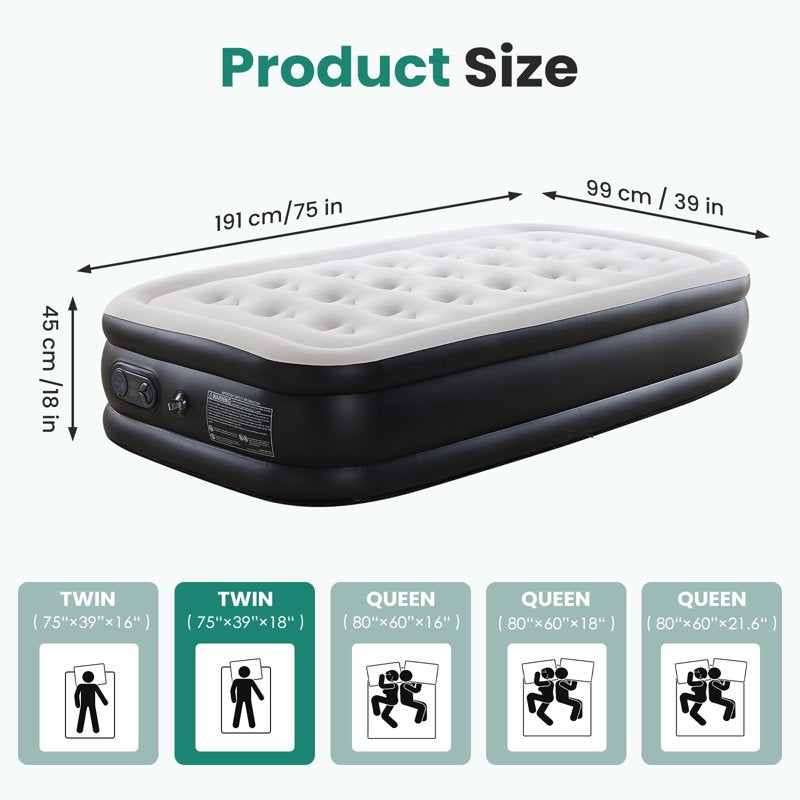 GIANNA Twin Size 18 Inch Air Mattress with Built-in Pump - Inflatable Bed for Home and Travel