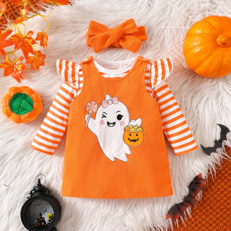 Baby Girl Halloween Pumpkin Ruffle Romper Set with Headband - 0-3 Months Orange Variation