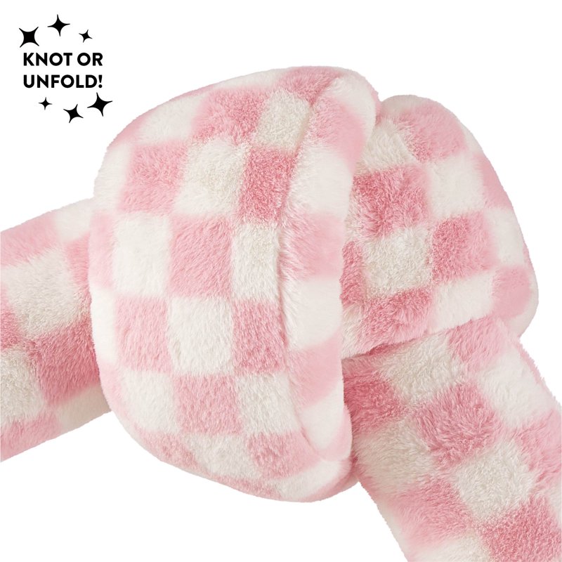 Mainstays Pink Checkered Knot Faux Fur Body Pillow 22x11 Inches - Pink & White Check Variation