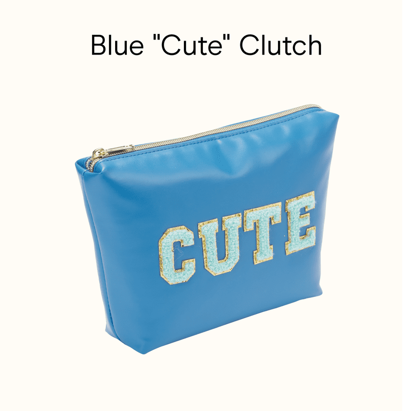 Blue PVC Clutch Pouch with Gold-Tone Accents and CUTE Lettering