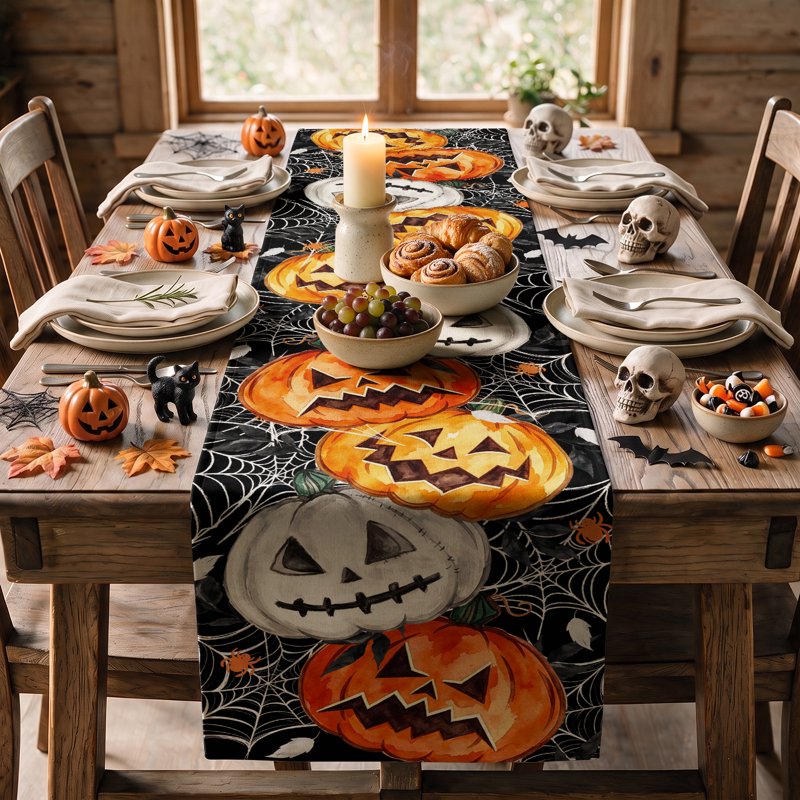 Halloween Table Runner 13x120 Inch Black Pumpkins Spider Web Fall Kitchen Decor