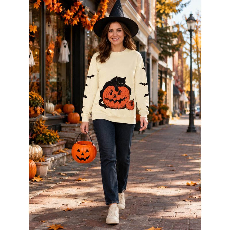 Apricot KimSoong Women's Halloween Sweatshirt Black Cat Pumpkin Graphic Pullover Crew Neck Long Sleeve