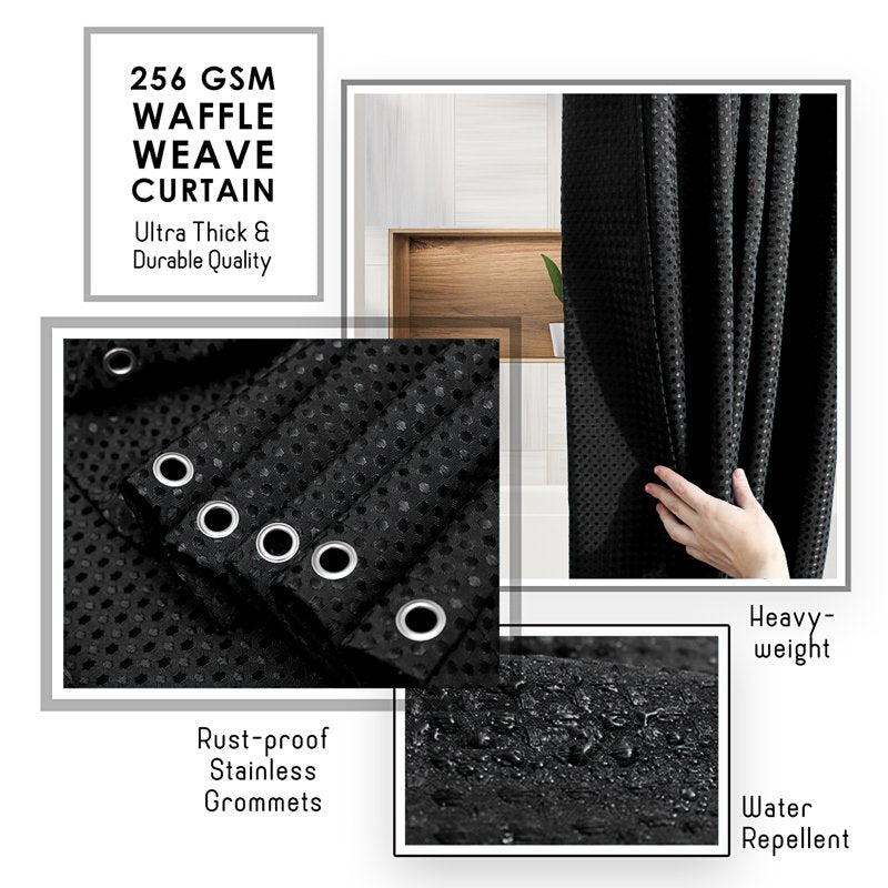 2 Pack Black Waffle Weave Heavy Duty Shower Curtains 72x72 Inches - Hotel Luxury Style