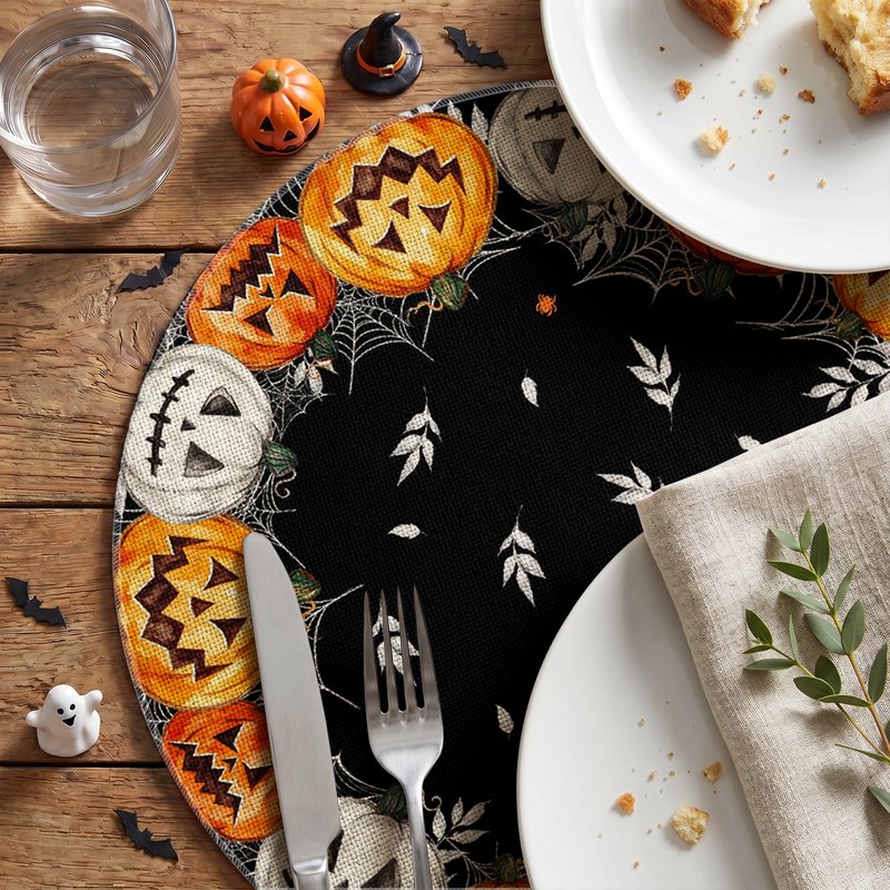Halloween Placemats Set of 4 - Jack-O'-Lantern Spider Web Round 15 Inch Black G