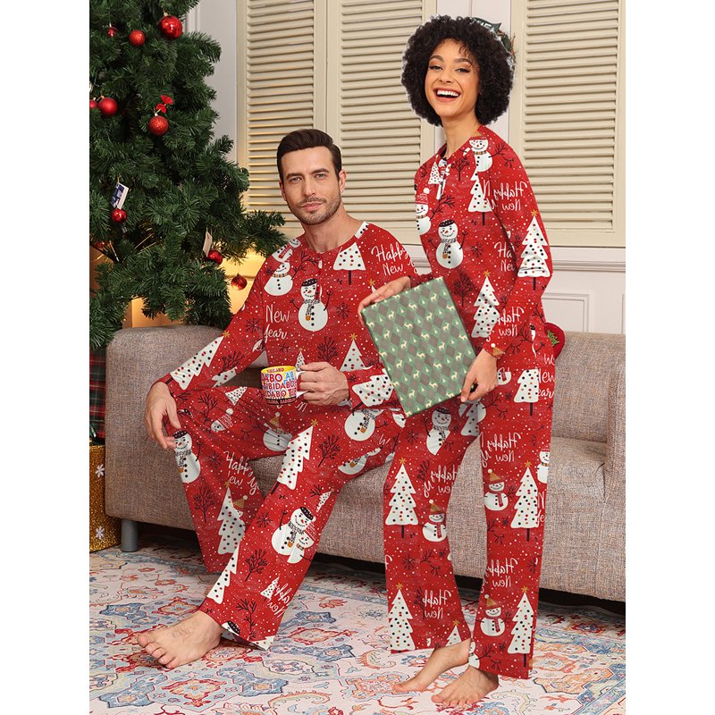 Christmas Couple Pajama Set with Pockets - Red Snowman, Men L