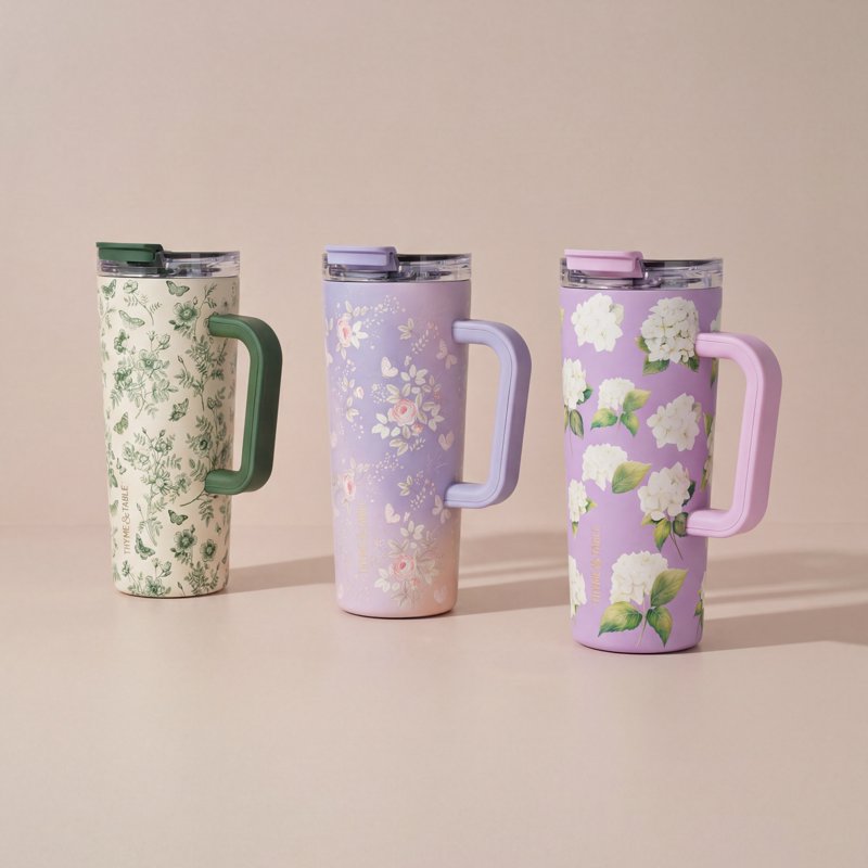 24oz Stainless Steel Luna Tumbler with Handle & Dual Straw Lid - Green Floral