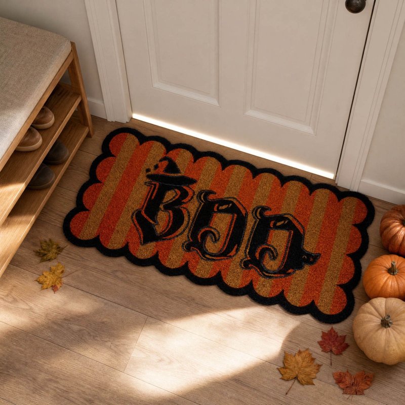 Halloween Door Mat with Witch Hat Boo Print, Durable Welcome Rug for Front Porch - Variation B3