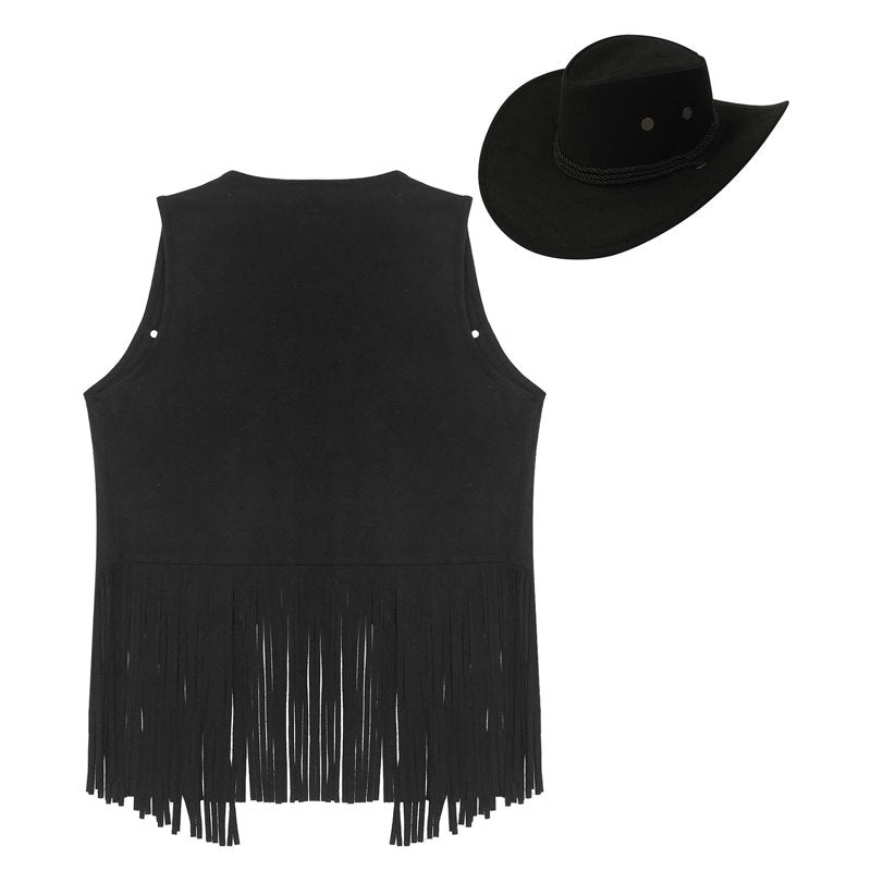Men's Western Cowboy Costume Set with Tassel Rivet Waistcoat & Wide Brim Hat - Black, Large
