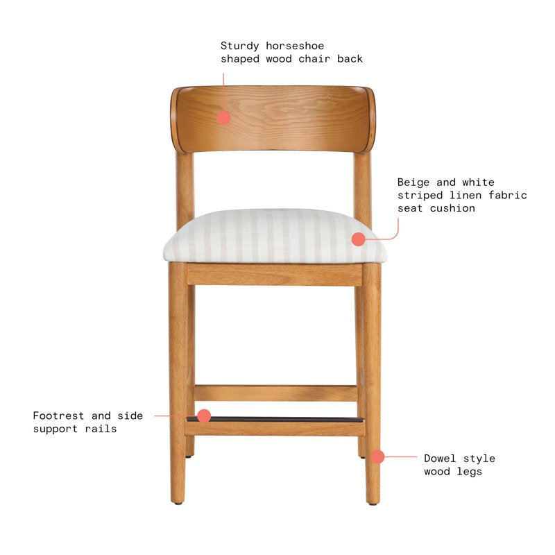 Counter-Height Stools Set of 2 - Warm Honey & Striped Linen