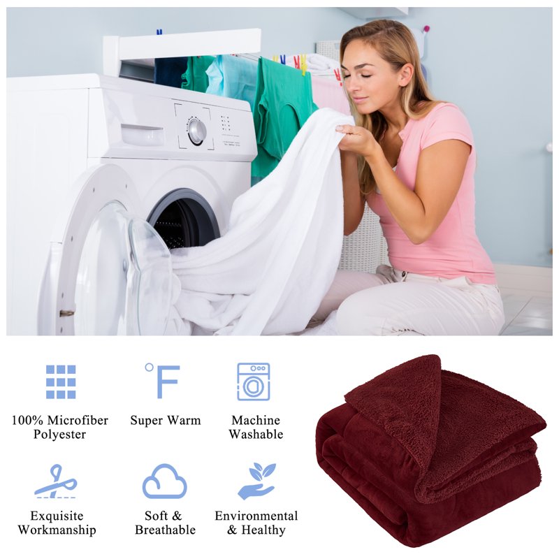 King Burgundy Sherpa Fleece Bed Blanket - Thick Warm Borrego Bedspread