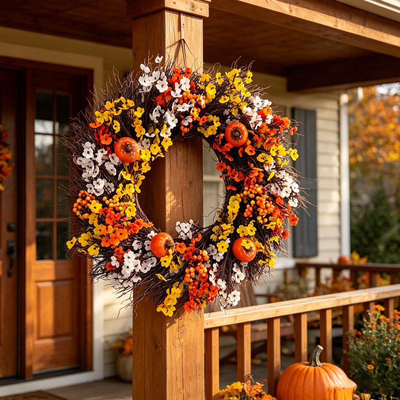 Fall Wreath for Front Door Halloween Thanksgiving Artificial Autumn Decor D-9