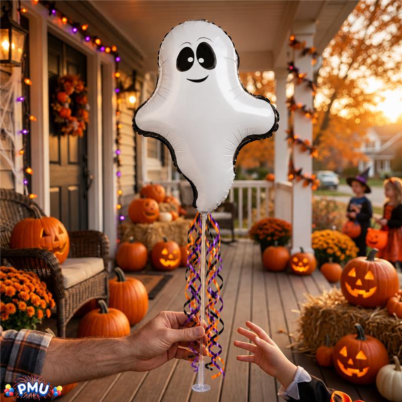 PMU Halloween Flying Ghost Balloons Set - 14 Inch Air-Filled Pre-Inflated (3 Pack) with Cup & Stick