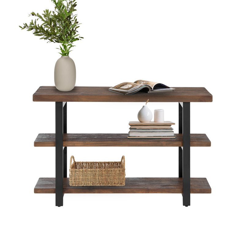 Rustic 48-Inch Solid Pine Wood Media Console Table with Metal Legs
