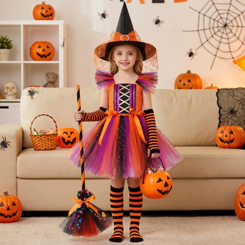 Girls Witch Costume Dress with Accessories - Multicolour, 7-8 Years Halloween Fancy Dress