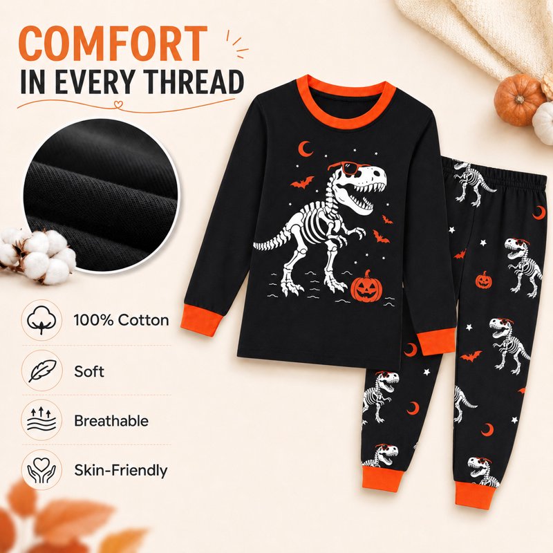 Dino Skeleton Pumpkin Kids Halloween Pajamas Set - Glow-in-the-Dark 2T