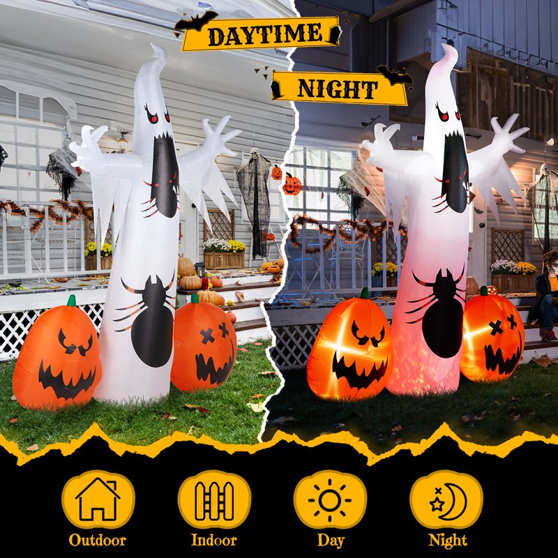 12FT Outdoor Halloween Inflatable Ghost and Pumpkin Decor with LED Lights