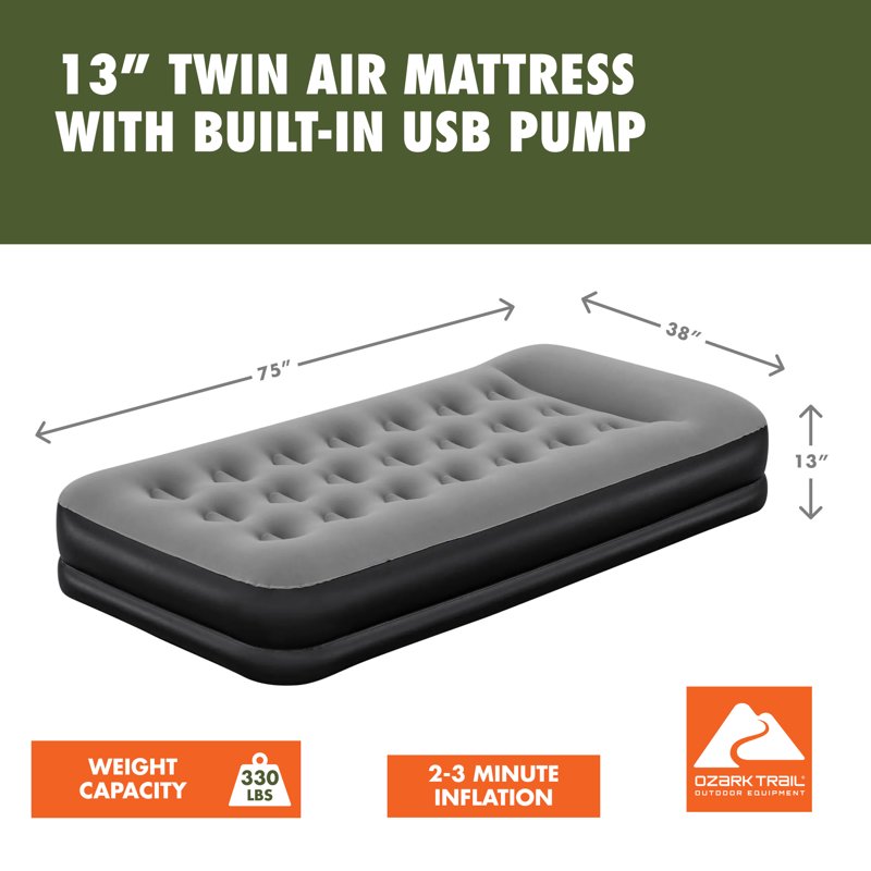 Twin Air Mattress with Built-In USB Pump - 75x38 Inch Portable Inflatable Bed