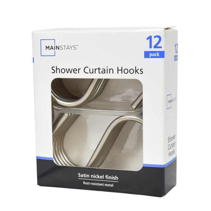 Mainstays Shower Curtain S Hooks - Satin Nickel, Single, Rustproof Iron, 12 Piece