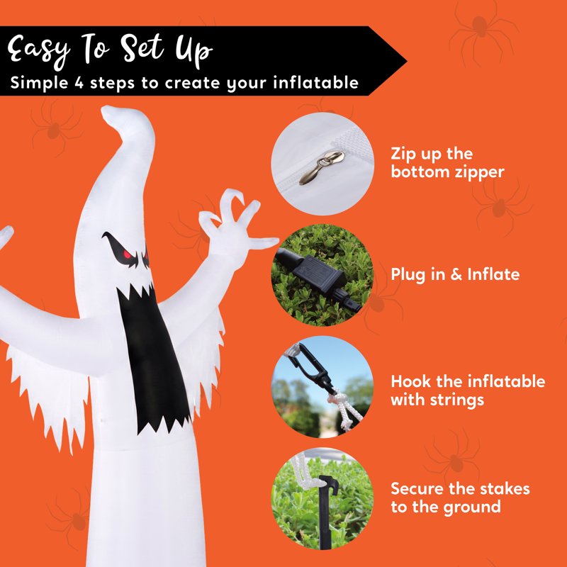 Spooky Ghost Halloween Inflatable - 12 Ft Tall Yard Decor with LED Lights