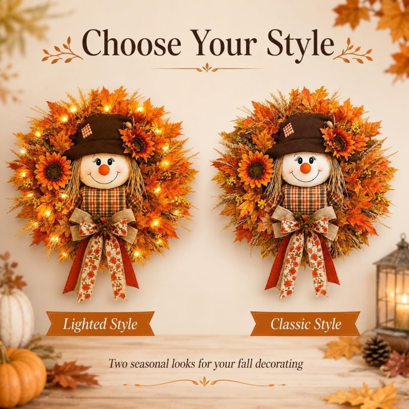 Lighted Fall Wreath for Front Door - Classic Style Harvest Decor with Sunflower & Maple Leaves