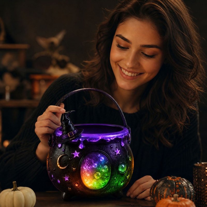 Halloween Witch Cauldron Candy Bowl - Light Up Resin Pot with Purple Starry Sky & LED Glow - Variation #031