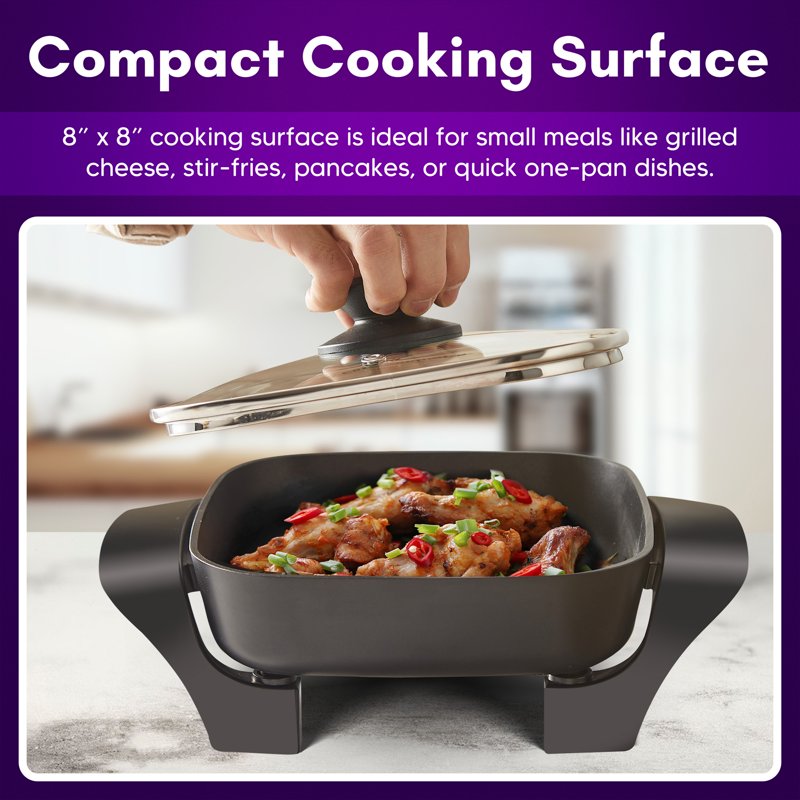 8-Inch Non-Stick Electric Skillet with Tempered Glass Lid, 600W