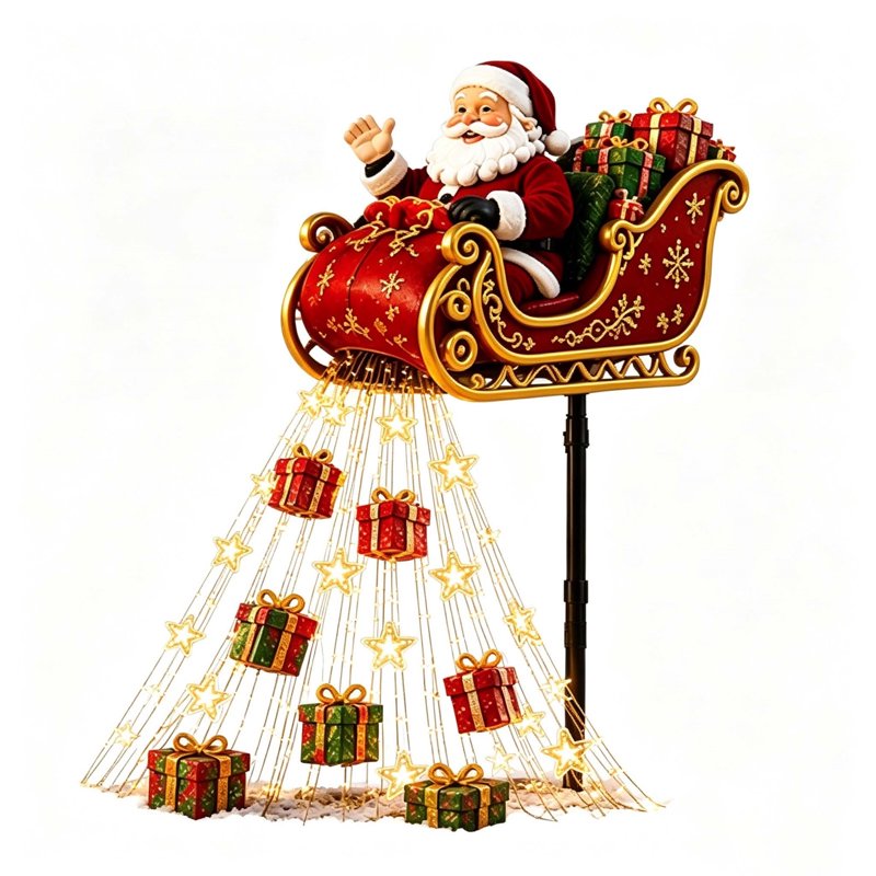 Santa Flying Sleigh Garden Light - Solar Christmas Display with Cascading Warm Lights B7