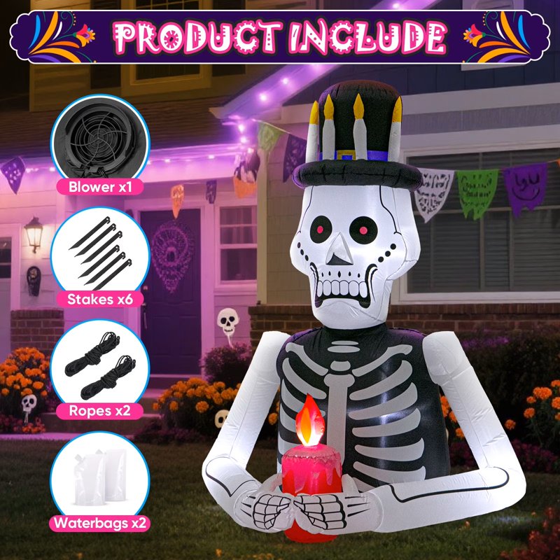 Inflatable Skeleton with Candle & LED Lights - Halloween Yard Decoration, Variation of Praying Skeleton