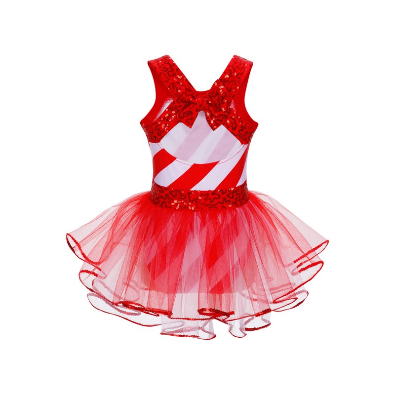 Kids Girls Christmas Sequins Santa Dance Costume Tutu Dress - Size 10 - Red-C