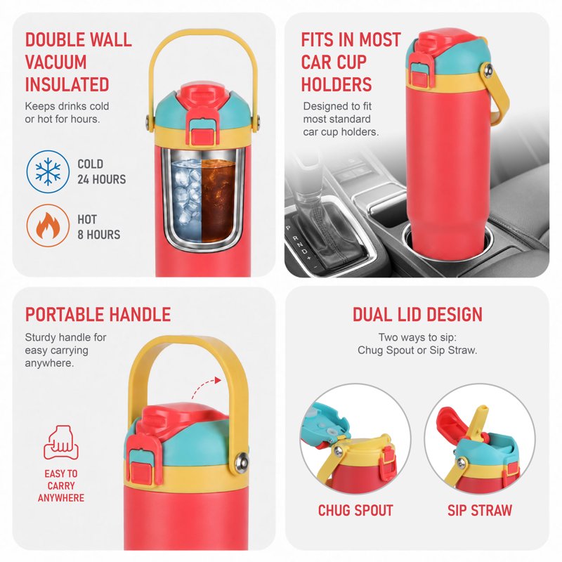 30oz Vacuum-Insulated Stainless Steel Tumbler with Dual Lid - Coral