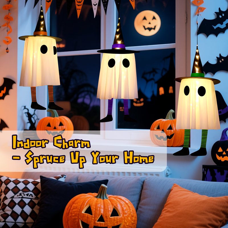 Halloween LED Hanging Lights 3-Pack Witch Ghosts - Purple, Green, Orange, Waterproof Battery Case, 3 Modes - 3pcs Witch Ghosts