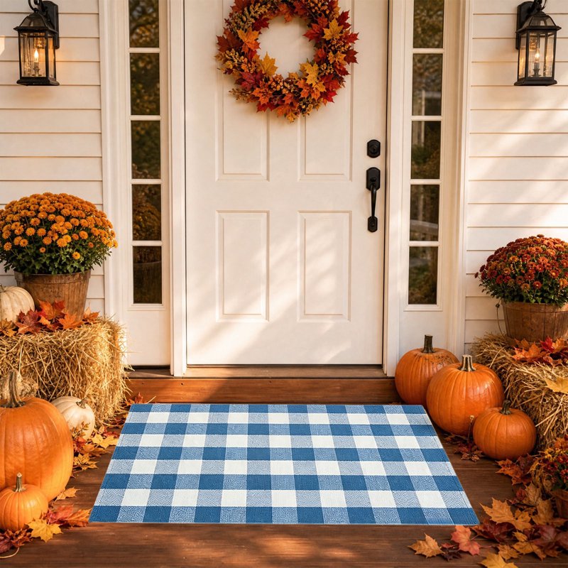 Large Thanksgiving Plaid Doormat - Blue Layered Entry Rug, Washable 19.6x31.5in