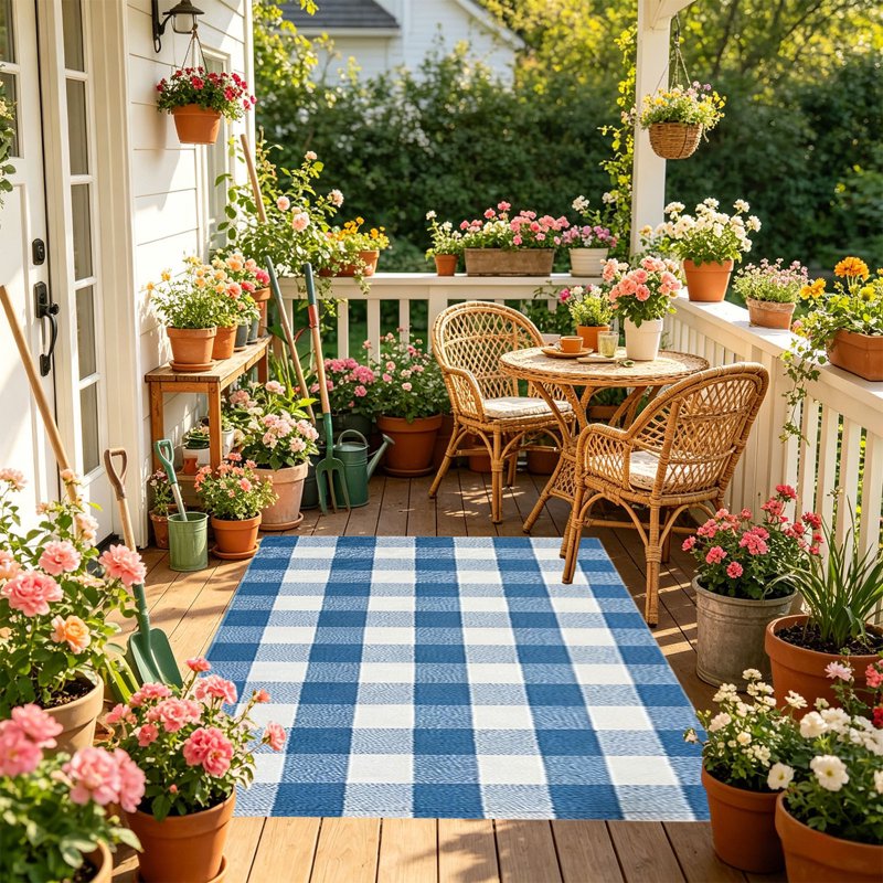 Large Thanksgiving Plaid Doormat - Blue Layered Entry Rug, Washable 19.6x31.5in